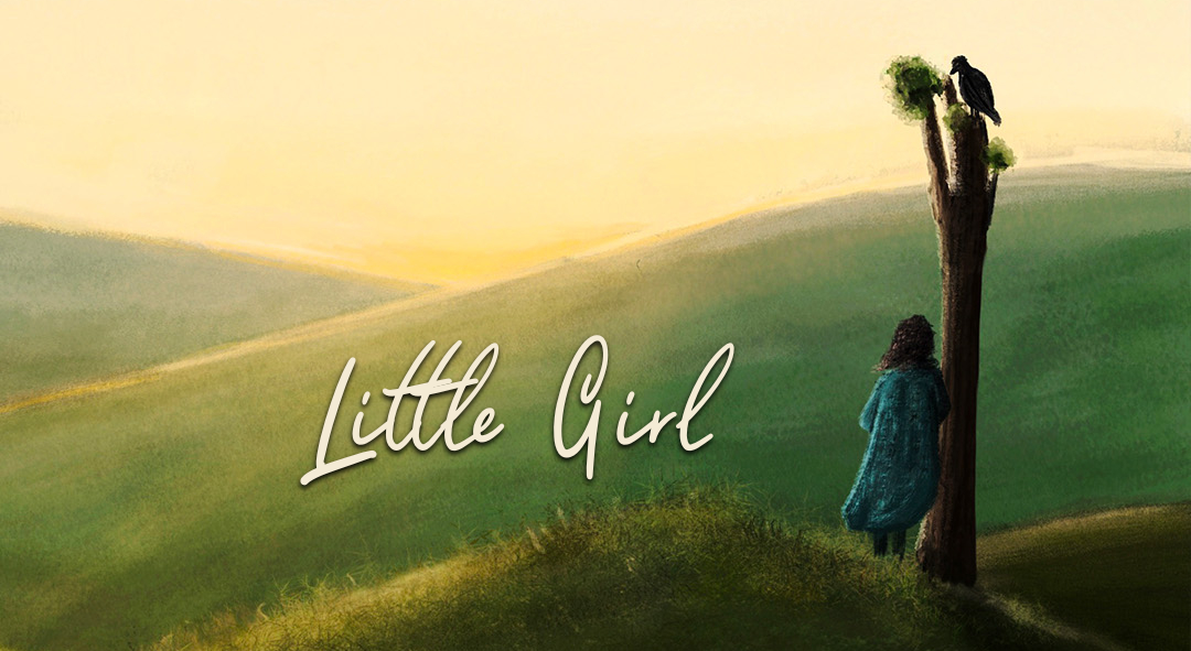 Title of little girl with a girl in the distance standing next to a tree looking at the valleys and hills